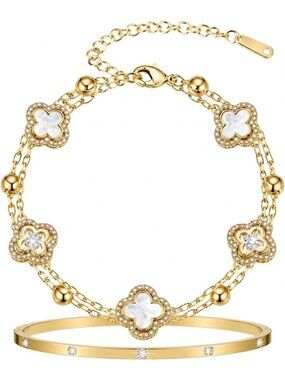 14K Gold Plated Clover Bracelet Set for Women - Stackable CZ Jewelry Gift